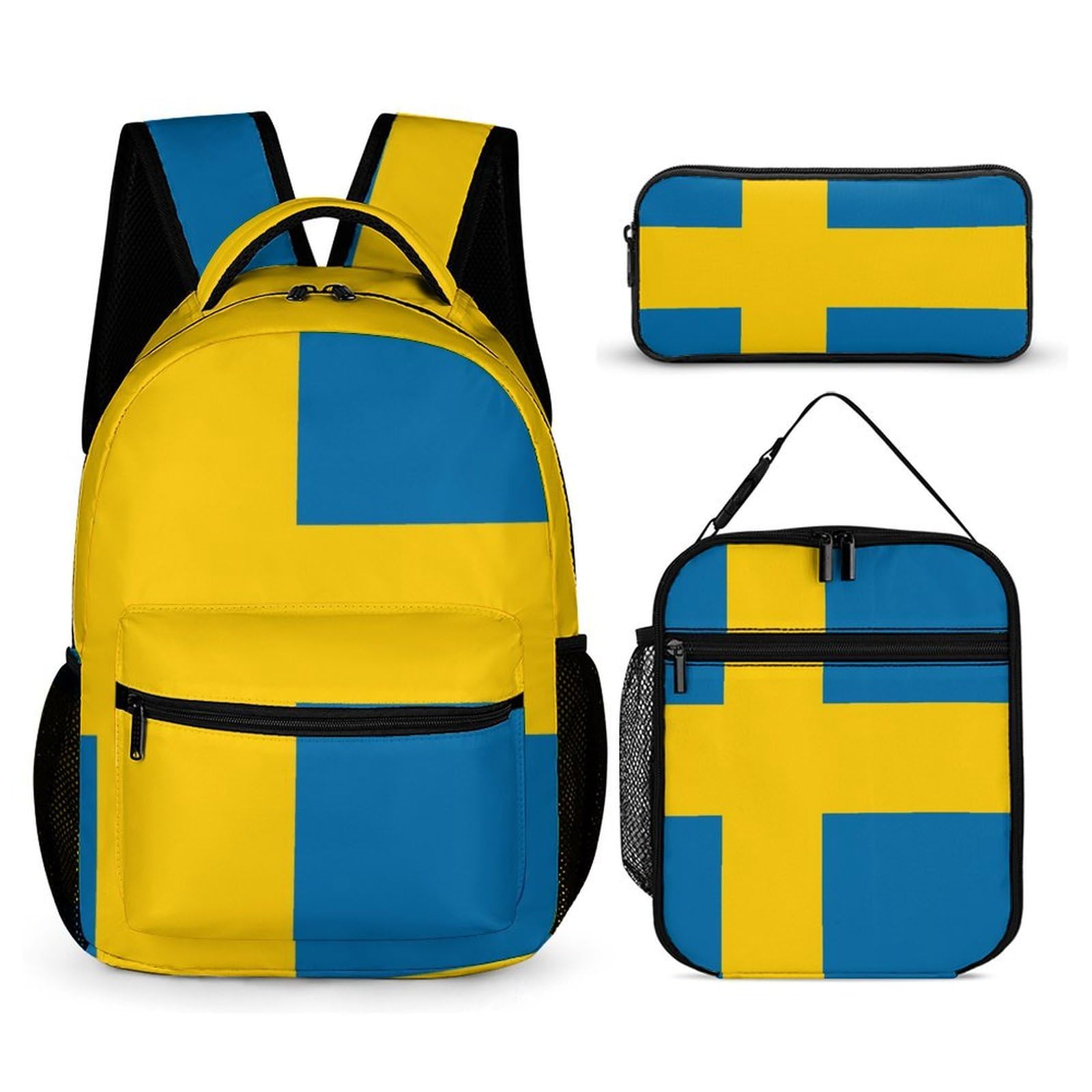 Sac à dos léger avec boîte à lunch, trousse de maquillage et rangements (drapeau suédois)