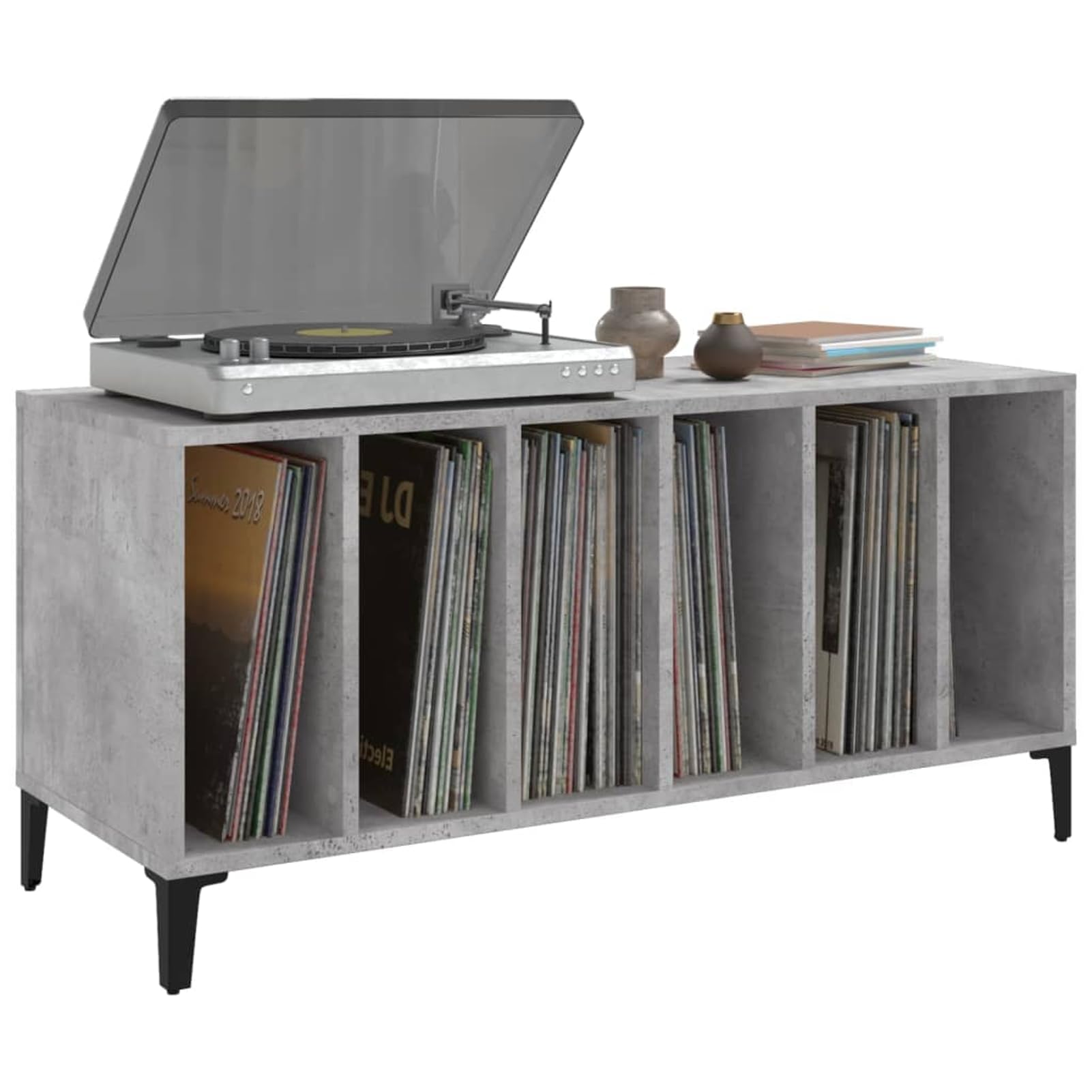 Homgoday Mobile Porta Dischi in Legno Ingegnerizzato e Metallo, Grigio Cemento, 100x38x48 cm, Ideale per Collezioni Vinili, Giradischi e Dispositivi Elettronici, Assemblaggio Richiesto