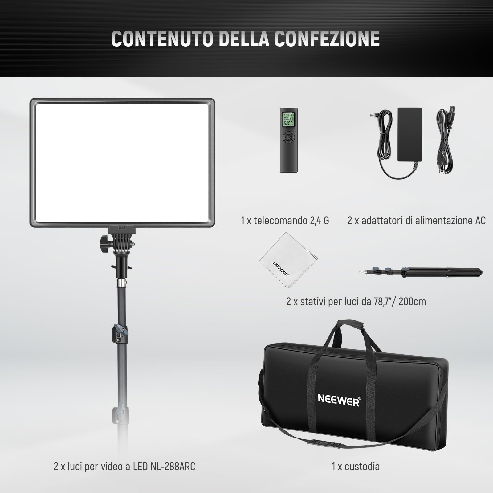NEEWER Kit Illuminazione Fotografia di 18" Pannello Luce Video LED + Stativo Telecomando Panno Pulizia, 2pz Key Light 45W Dimmerabile Bicolore da Studio 3200K-5600K CRI97+ 4800Lx per Streaming Riprese