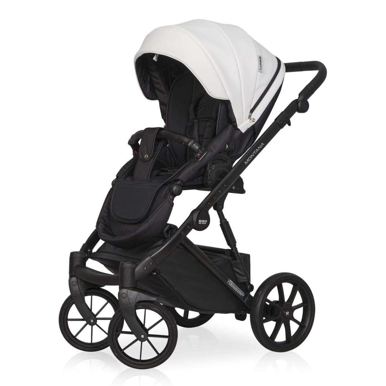 Passeggino in ecopelle Riko Basic Montana Ecco 2 in1 BBtwin. Carrello in ecopelle due pezzi e accessori. Bianco