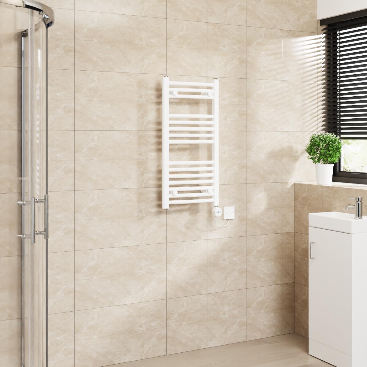 Warmehaus Touch Screen Electric Towel Rail Curved Timer White 800x400mm — image 1