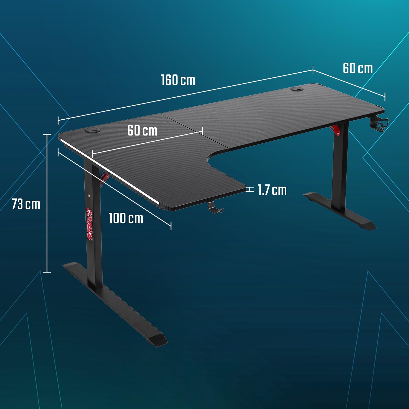 Todeco Scrivania Gaming a L 160x100 cm con LED RGB, Scrivania Ad Angolo | con portabicchiere, gancio cuffie, 40 modalità RGB con telecomando, piedini regolabili, piano effetto fibra di carbonio