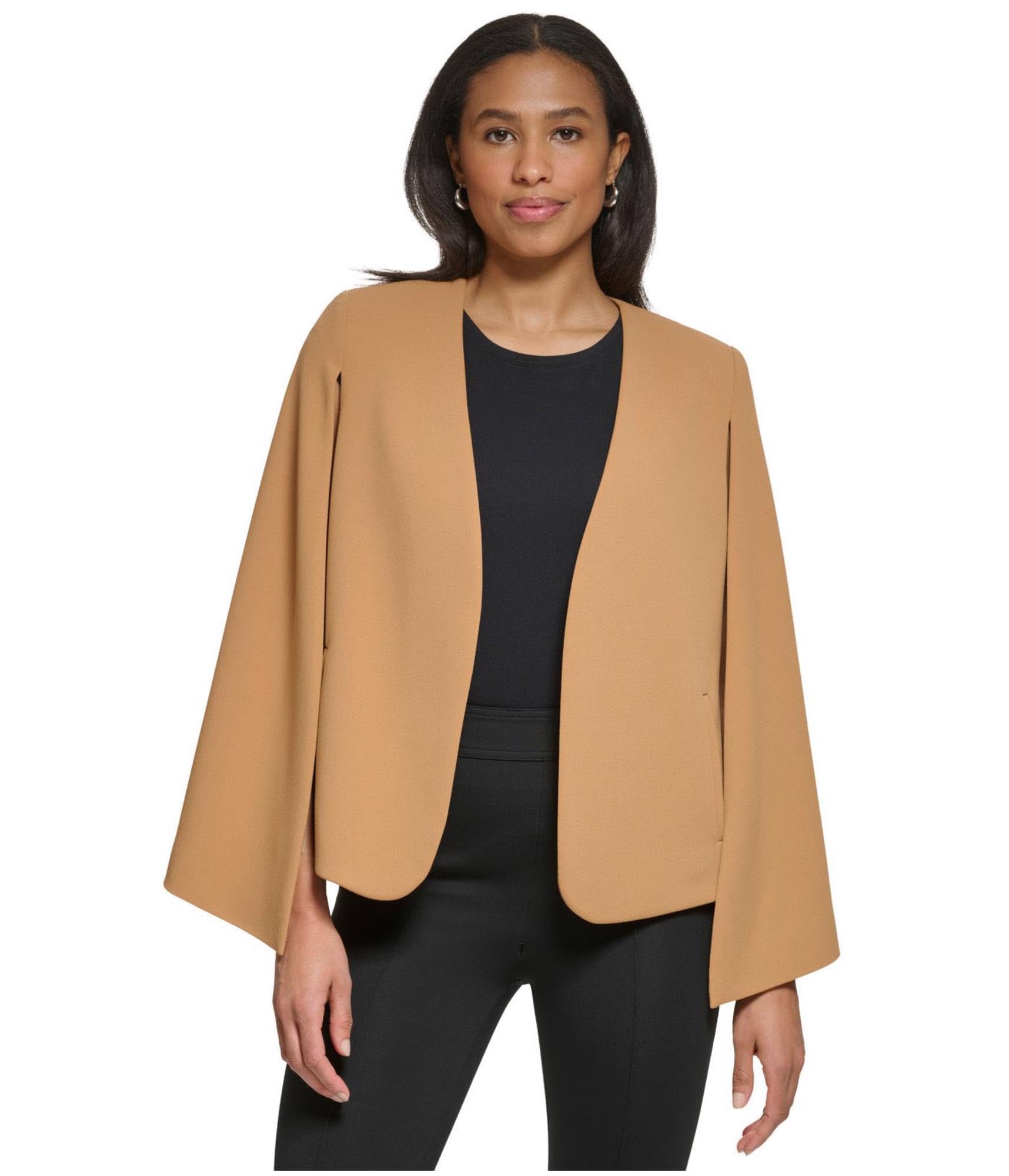 DKNY Womens Collarless Open Front Cape Blazer Jacket Beige Small