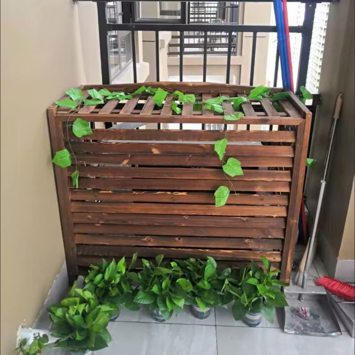 Drewniana osłona klimatyzatora zewnętrznego, ochrona prywatności na zewnątrz, osłona ogrodzenia z litego drewna, balkon żaluzjowa półka na rośliny, stojak na klimatyzator okienny, wiatroszczelny,