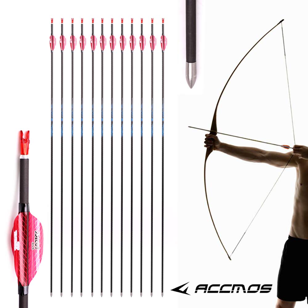 ACCMOS 12pcs 30＂Targeting Frecce ID 4,2 mm Spine 600 Freccia in Puro Carbonio, per Caccia al Tiro con L'Arco e Pratica di Tiro (Spine 600, 30 inch)