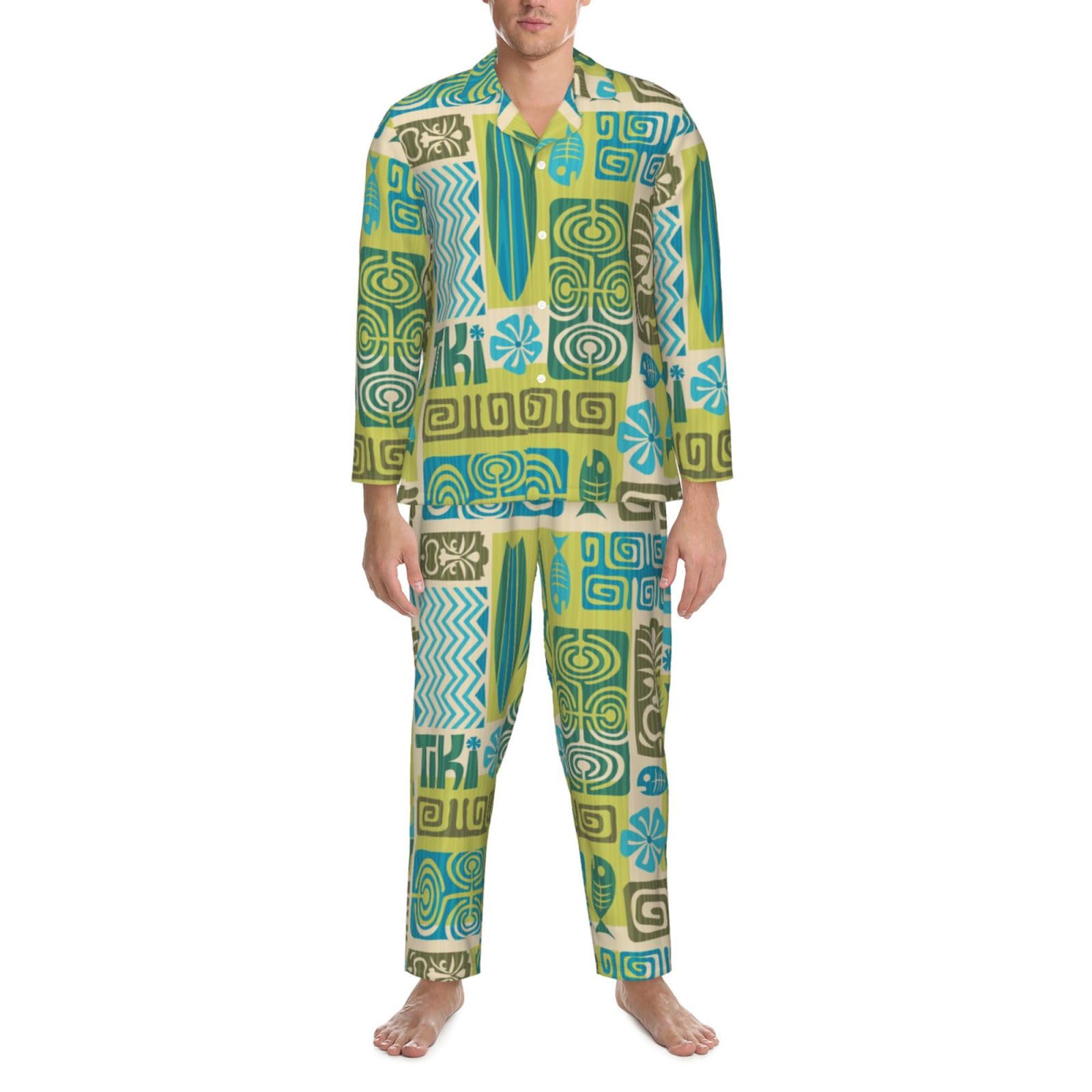 Herren-Pyjama-Set mit exotischem Tiki-Muster 1, weicher langärmeliger Schlafanzug für leichte Knöpfe