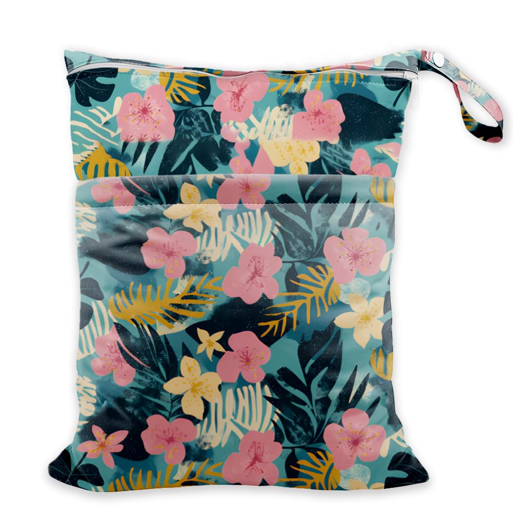 SUPERDANT Sac Etanche et Réutilisable pour Vêtements Mouillés Motif Plantes Bohèmes avec 2 Poche Zippée Sac Maillot de Bain Mouillé pour Maillots de Bain et Couches Lavables Pochette de Voyage