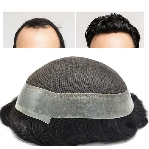 Toupee - Peluca de encaje suizo para hombre con encaje fino alrededor de los hombres, sistema de reemplazo de cabello humano negro natural para