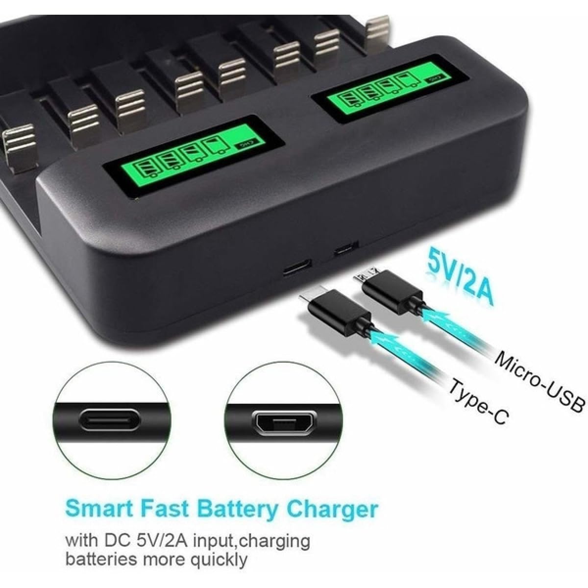 DOITOOL Chargeur De Piles AA AAA avec Affichage LCD Emplacements Compatible USB pour Piles Rechargeables avec Protections Multiples Court-Circuit Et Surtension