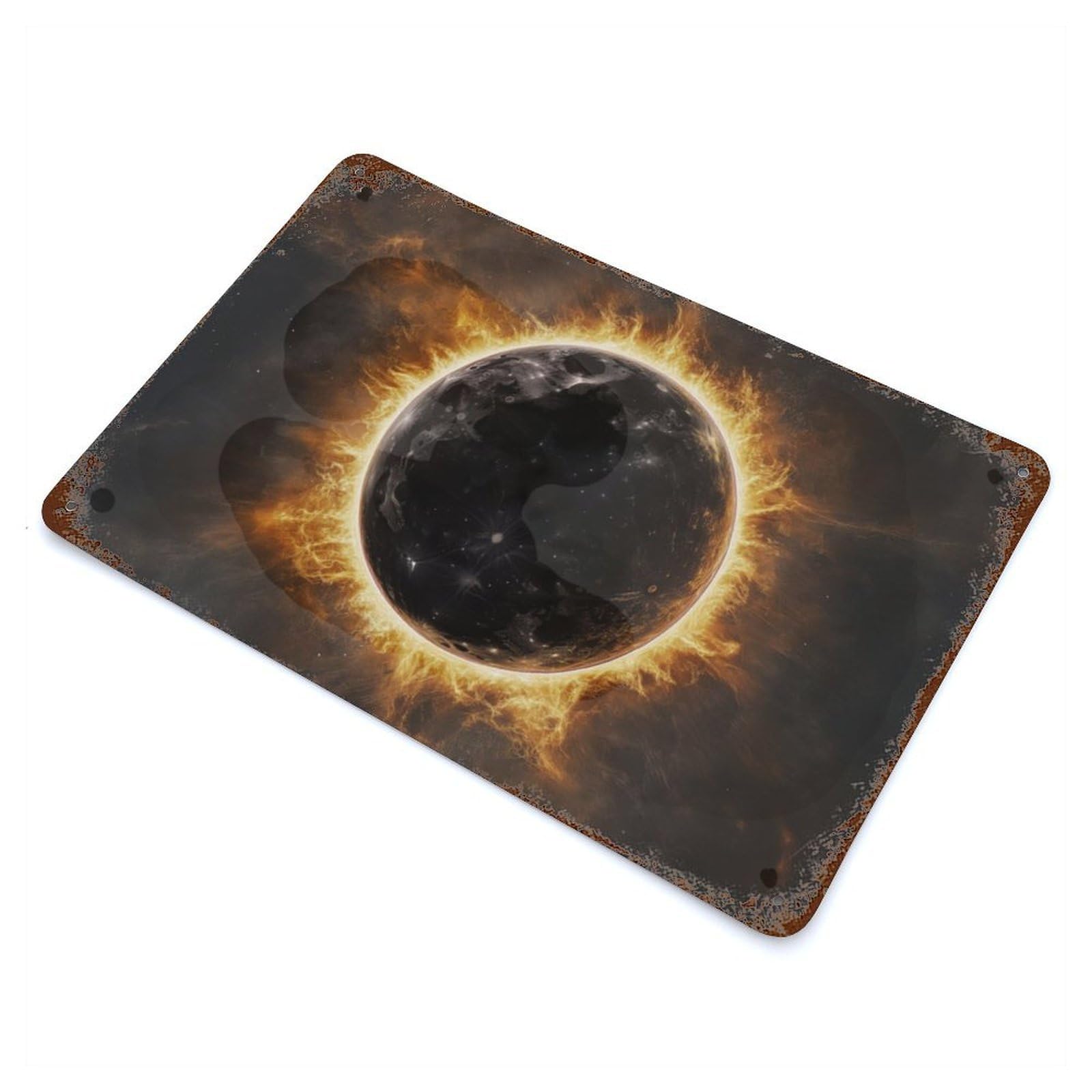 Aged Metal Wall Plaque with Fiery Planet Design 11.8"x7.9", for Basement, Hobby Room And Garage Decor, Farmhouse Wall Decor