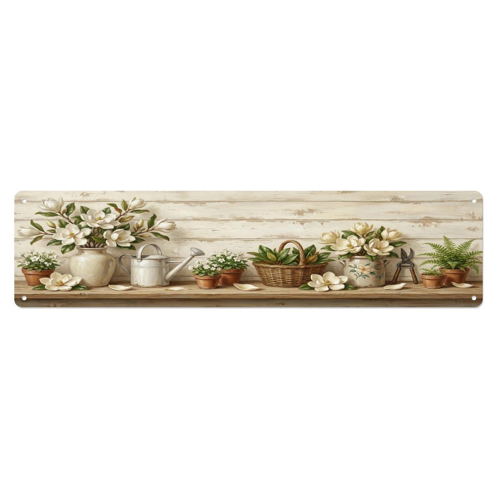 Floral Garden Tools Magnolia Branch Pattern Print Metal Tin Sign