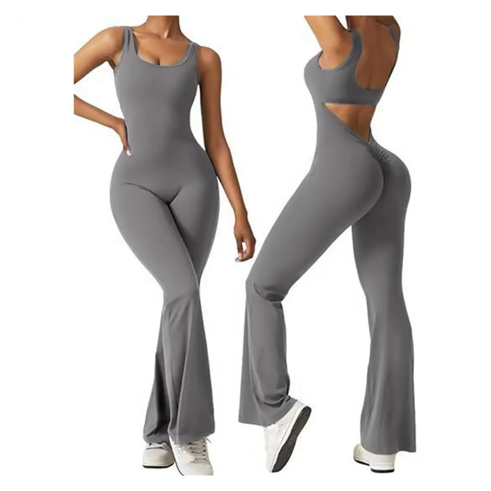 Body De Yoga con Espalda Descubierta Mono Deportivo Elegante sin Mangas con Cintura levantada y Dobladillo Acampanado for Mujer, Estilo melocotón, for Verano para Yoga Gimnasio(Black,XL)
