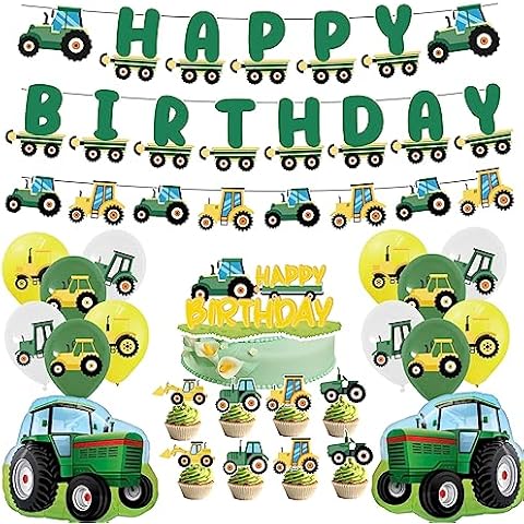 JOPARY Farm Green Tractor Party Supplies,Green Tractor Birthday Decorations with Happy Birthday Banner, Cupcake Toppers, and Balloons for Girls Boys Kids Birthday Cover