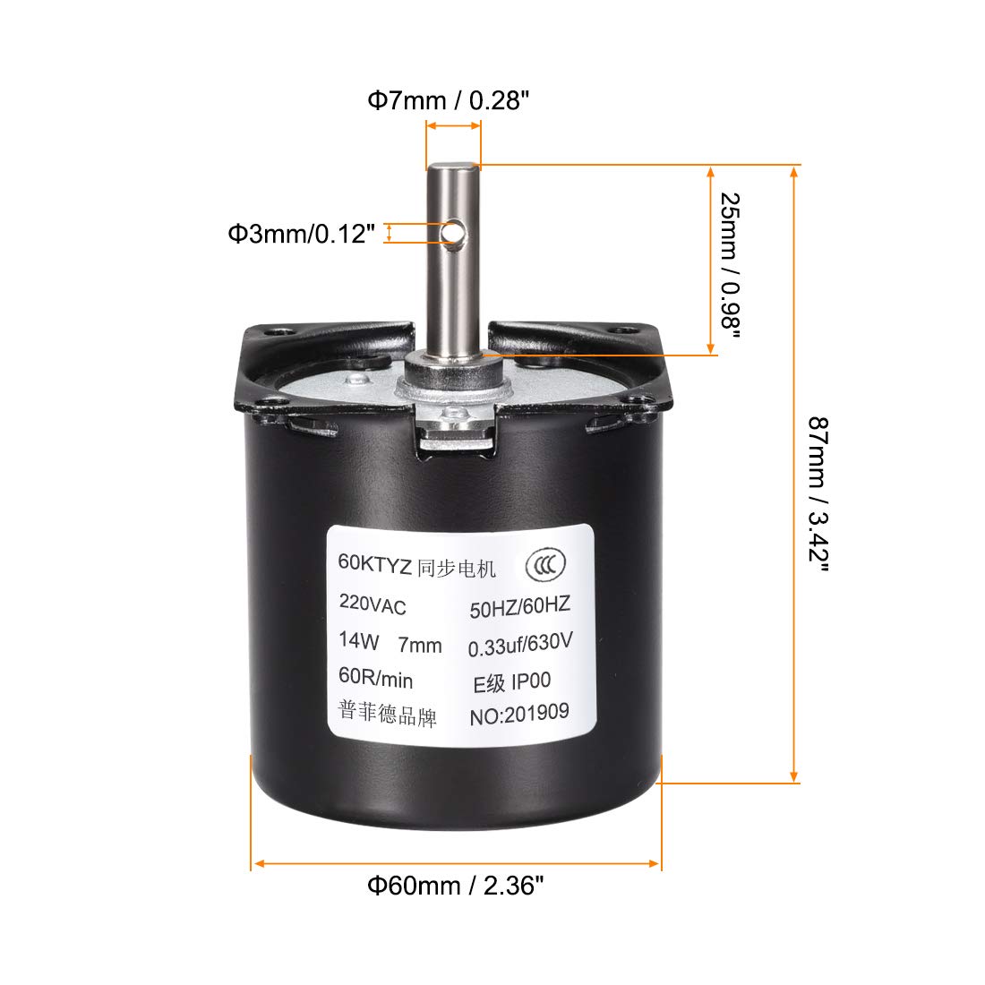 sourcing map AC 220V Motore sincrono elettrico Giradischi/C 60RPM 50-60HZ 14W 7mm Dia Albero centrale con foro