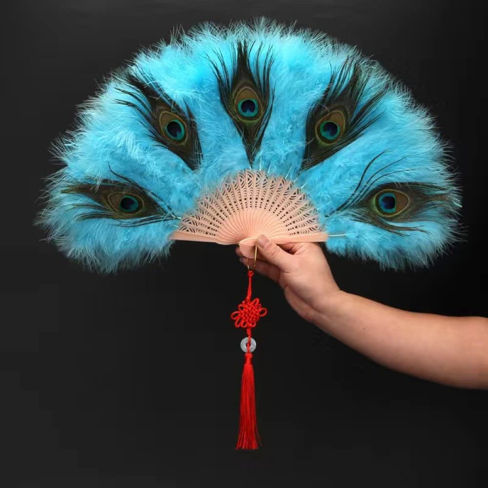 Abanico de mano plegable con plumas de pavo real azul y borla elegante