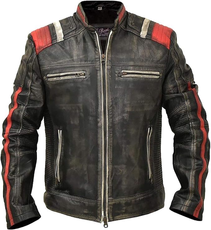 Image of Men's Leather Jacket Cafe Racer Biker Style Retro Stripes Jacket, Motorcycle Racing Leather Jacket Men