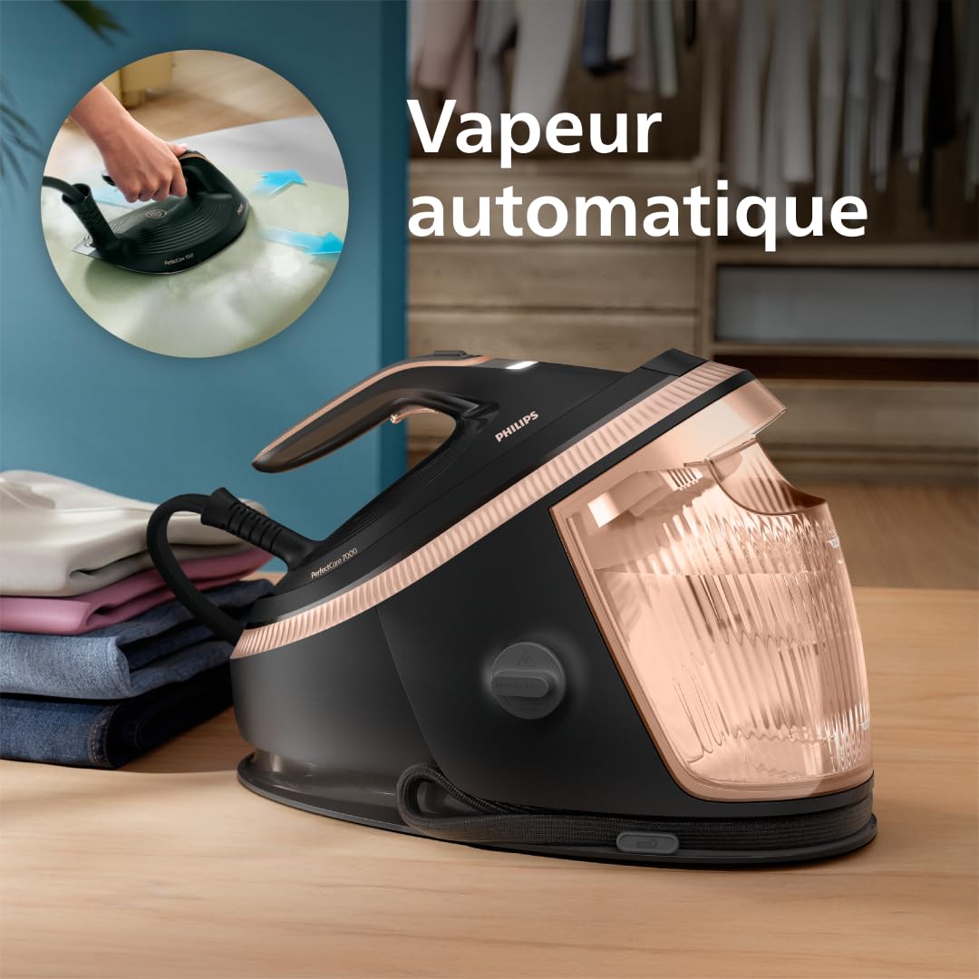 PHILIPS Centrale vapeur PerfectCare Série 7000-2850W, Pressing 650 g/min, 8.5 Bars, Technologie OptimalTEMP, Réservoir 1,5L, Semelle SteamGlide Elite, Vapeur Intelligente, Noir/Doré (PSG7300/80)