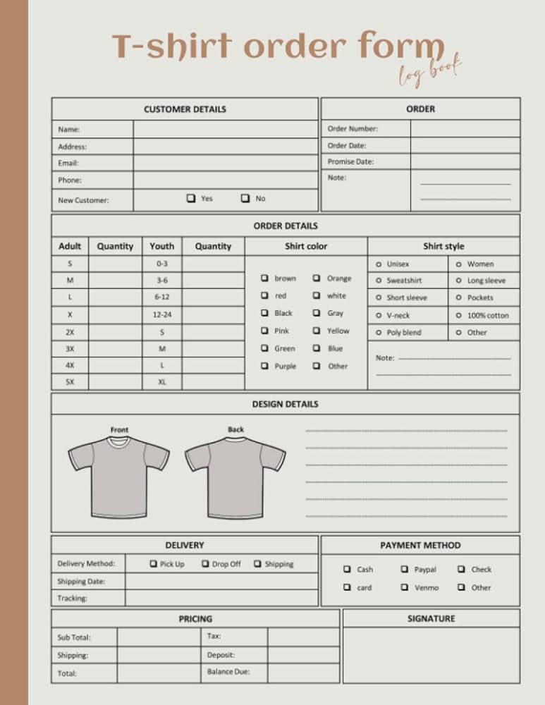 t-shirt order form log book: Custom T-Shirt Order Receipt Book For Small Business | Daily T-Shirt Order Tracking book for Direct Selling, Retail Store, Or Online Business.: Prentice, Harlee: 9798815344501: Amazon.com: Books t-shirt-order-form-log-book-custom-t-shirt-order-receipt-book-for-small-business-daily-t-shirt-order-tracking-book-for-direct-selling-retail-store-or-online-business-prentice-harlee-9798815344501-amazon-com-books