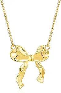 Bow Necklace for Women 14K Gold Plated Bowknot Dainty Bow Pendant Chain Necklace Fashion Jewelry Gifts