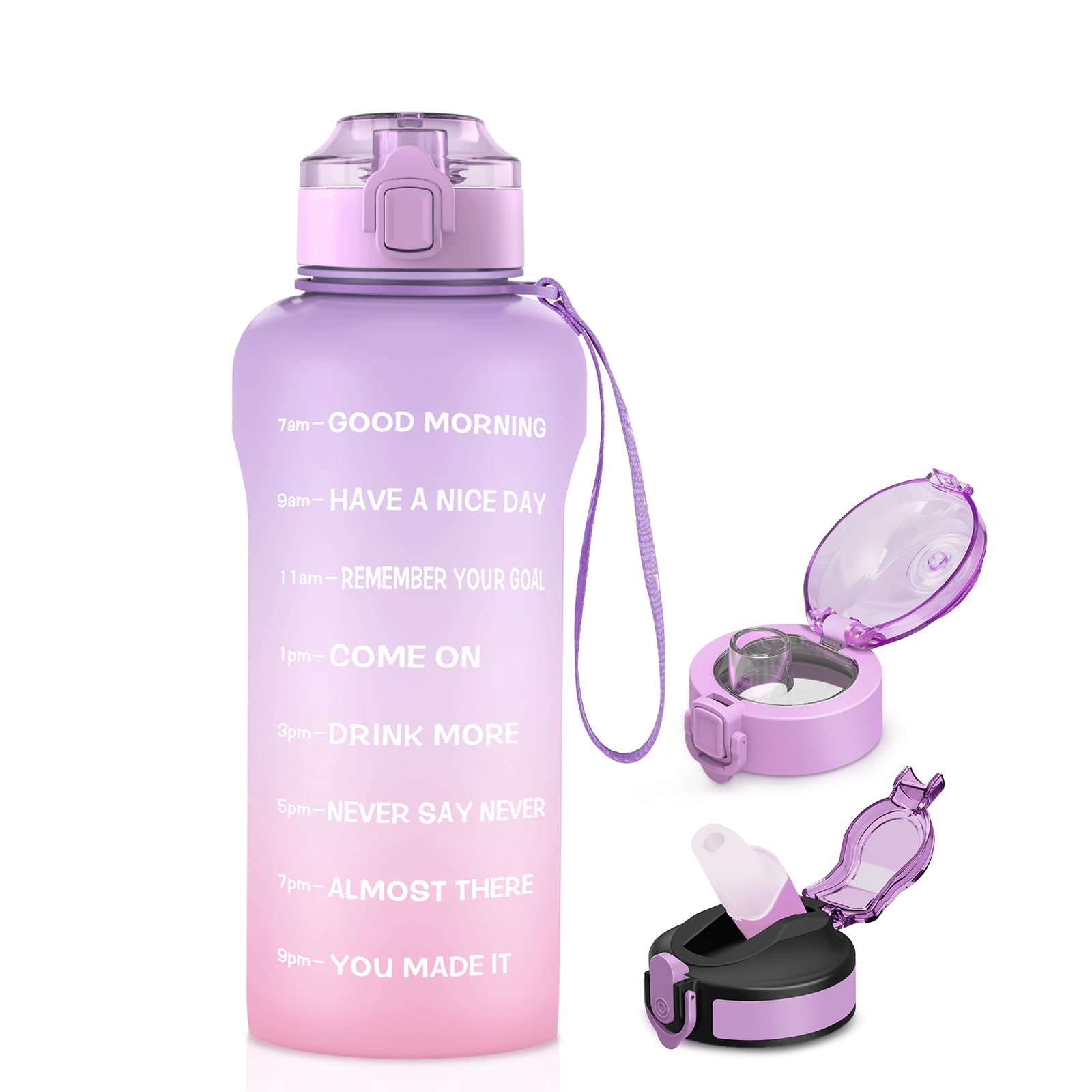 WEMEET 2 Liter Trinkflasche mit Strohhalm Lids & Chug Lids, [BPA Frei Tritan] 2L Sportflasche mit Zeitmarkierung Auslaufsicher, 2000ml Große Wasserflasche für Camping(2 LIDS, LILA PINK)