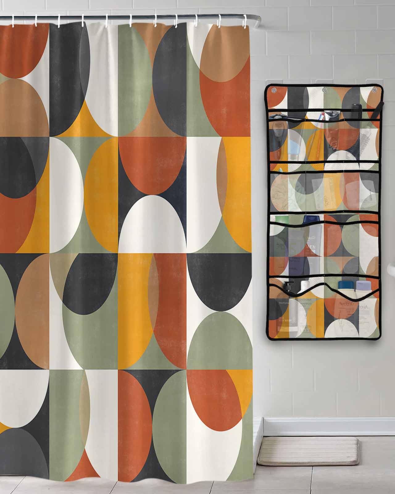 Shower Curtain Mesh Shower Organizer Hanging Set Mid-Century Modern Abstract Geometric Semicircle Waterproof Shower Curtains with 10 Pockets