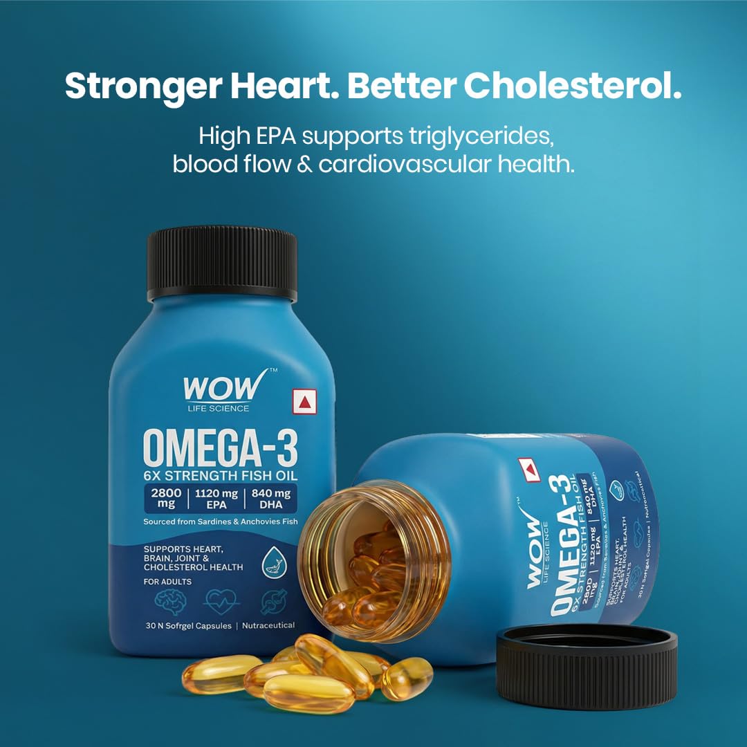 WOW Life Science Omega‑3 6X Strength Fish Oil Softgel Capsules | 2800 mg Fish Oil with 1120 mg EPA & 840 mg DHA | Supports Heart, Brain & Joint Health | Sourced from Sardines & Anchovies | 30 Softgel Capsules 1