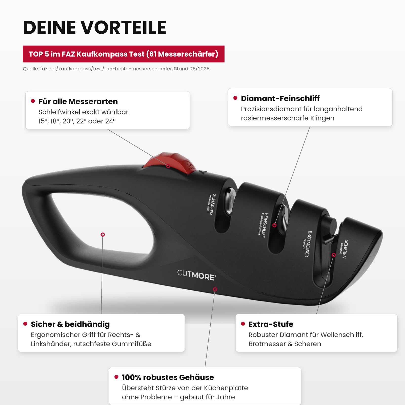 CUTMORE® ProSharp Messerschärfer mit Winkeleinstellung 15°–24° – Diamant Messerschleifer für japanische & Damastmesser – schärft Wellenschliff, Brotmesser & Scheren – Profi Schärfer manuell