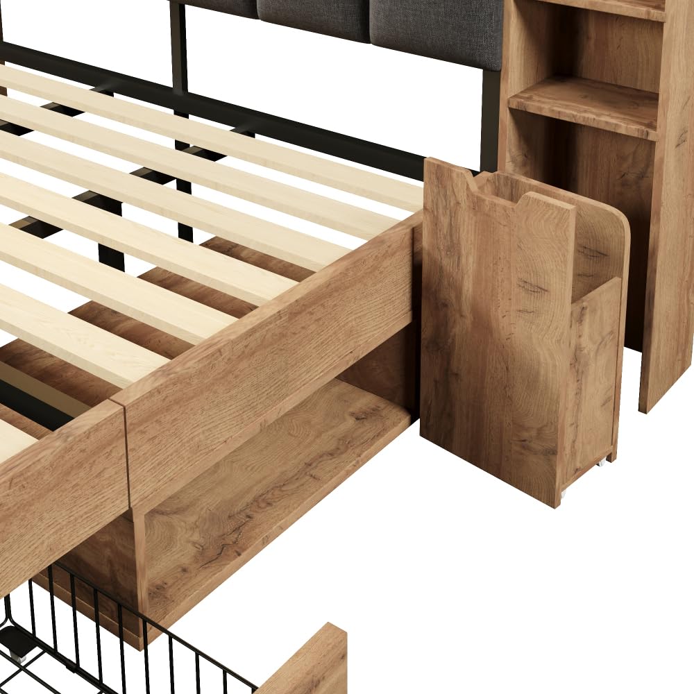 Cama de 180 x 200 cm con cajones, iluminación LED, puertos USB y Type-C, cama de 180 x 200 cm con somier de láminas de madera, estructura de cama de matrimonio con almacenamiento, roble, cabecero