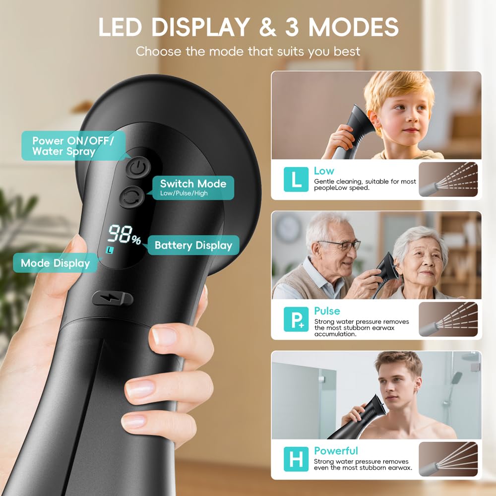 Limpiador de Oidos Cera, Temodu con Pantalla LED，Sistema Recargable para la Eliminación de Limpiador de Oidos Cera, 3 Modos de Presión (12 Boquillas)