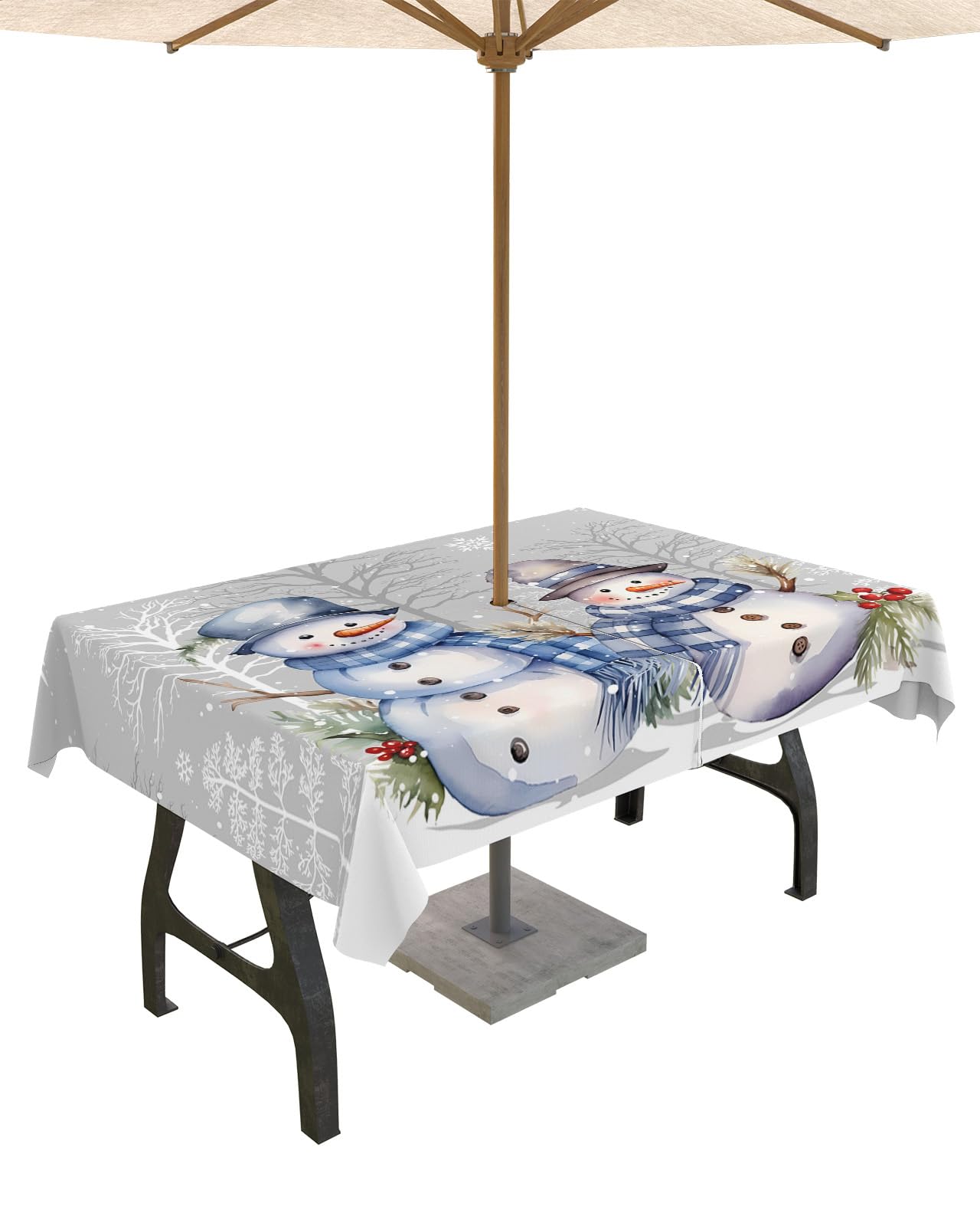 Forest Snowman Outdoor Tablecloths with Umbrella Hole and Zipper, Christmas Tree Branch Grey Waterproof/Stain Resistant Rectangle Table Cloth 54x80 Patio Table Cover for Picnic/Party Baby Shower