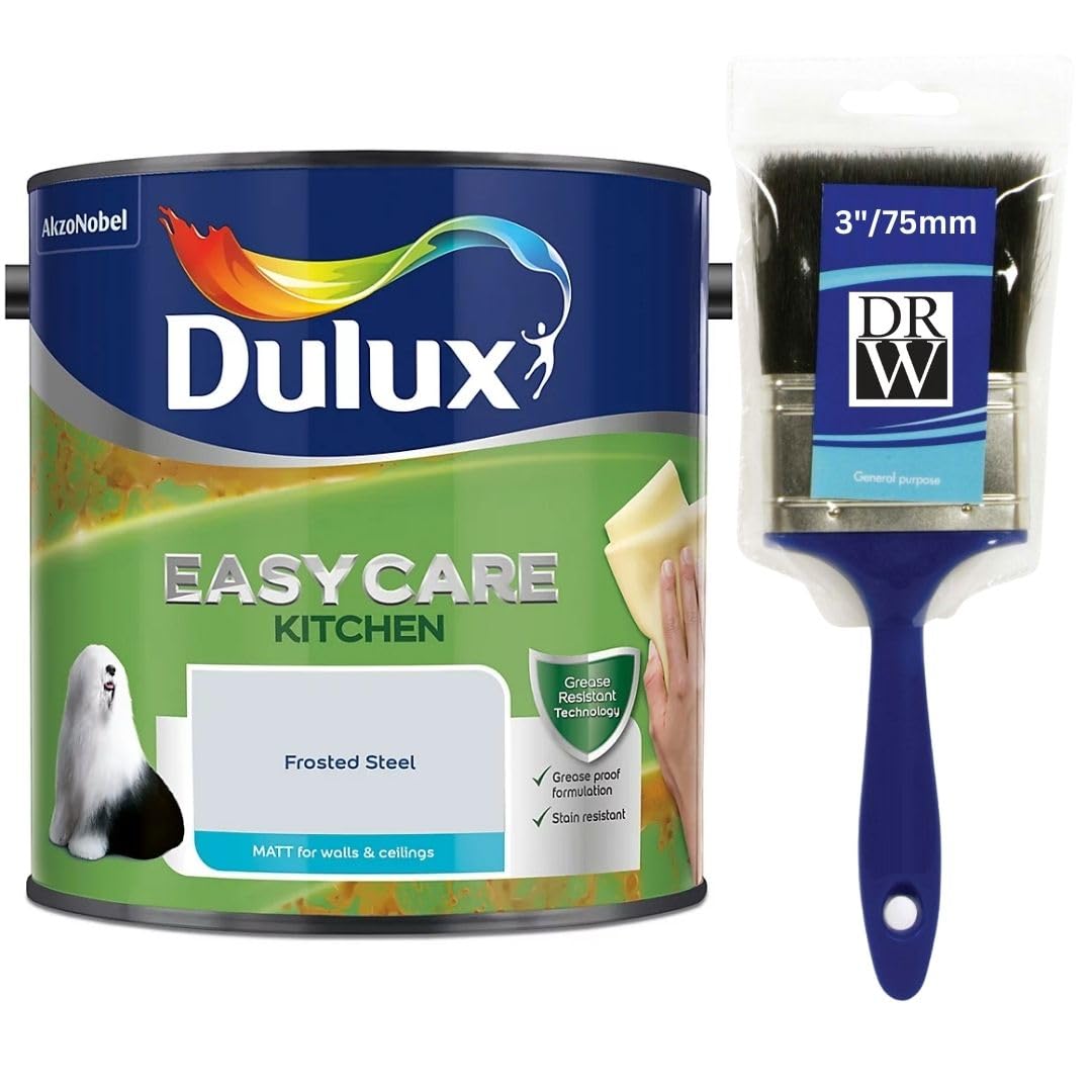 Frosted Steel Dulux Easycare Kitchen Matt Emulsion Paint 2.5L + 3" Emulsion Paint Brush – Grease & Stain Resistant, Washable Matt Finish, Durable Interior Paint for Kitchen Walls & Ceilings