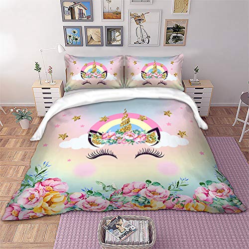 Rosa Einhorn Bettbezug,süßes Einhorn Wimpern Mädchen Kinder Bettwäsche135×200cm,Einhorn-Motiv Bettwäsche mit 2 Kissenbezügen (135×200cm, Auge) - Image 3