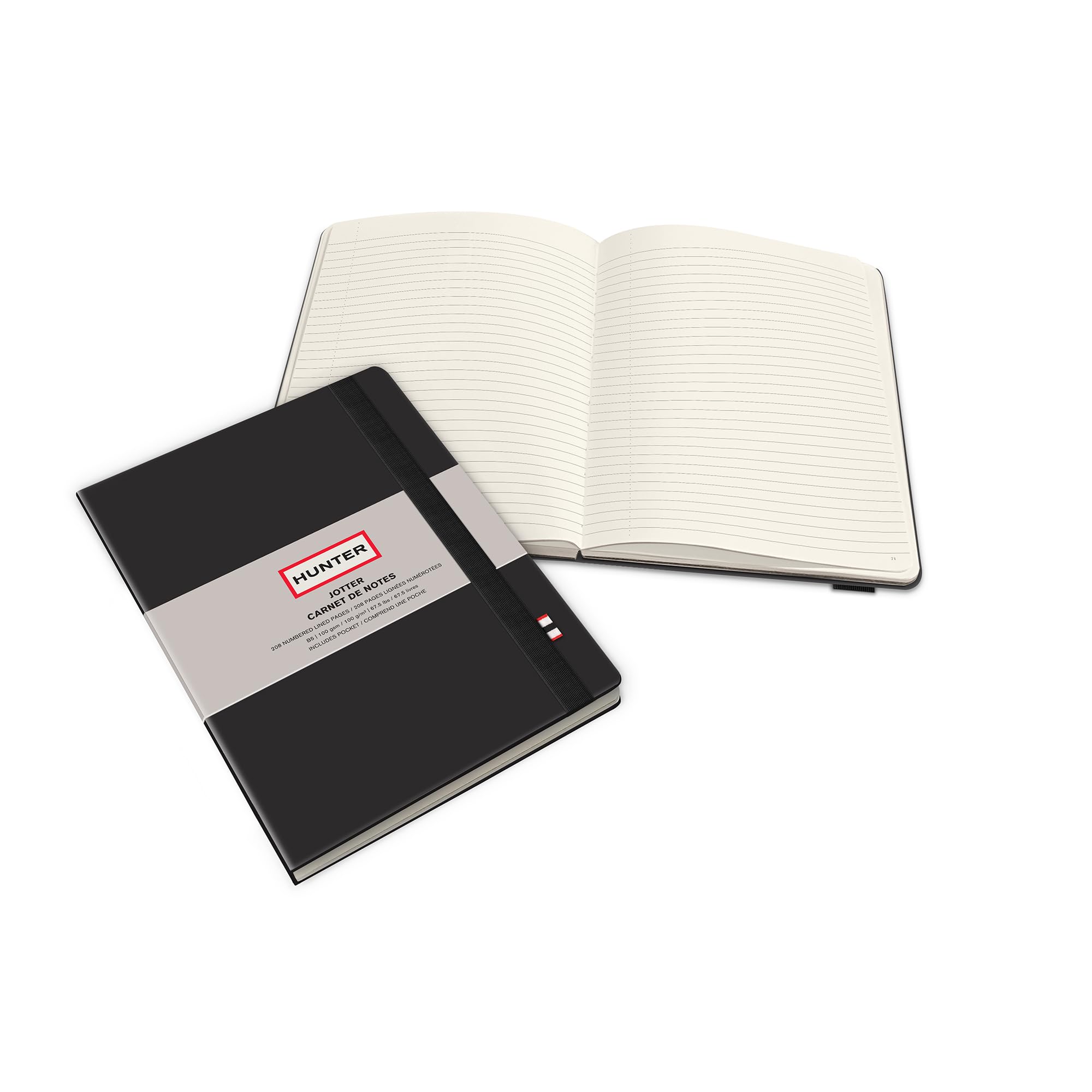 Studio Oh! Taccuino a righe, 25,4 x 17,8 cm, con 208 pagine in formato B5, per lavoro, diario, scrittura e prendere appunti, fascia elastica e tasca interna per appunti sciolti, fogli numerati, nero
