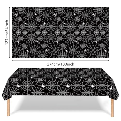Image of 3-Piece 54 x 108 Inch Halloween Spider Web Plastic Tablecloth - Black and White Cobweb with Spiders Patterns, Disposable Rectangle Table Cover for Birthday Dining Table Cover Indoor Outdoor Decoration