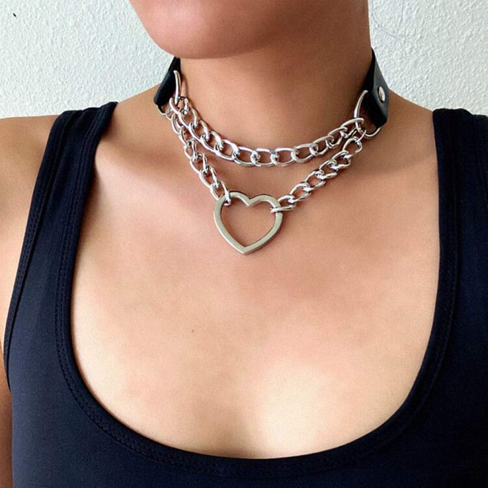Leather Choker Collar Necklace, Heart Shape Gothic Punk Rock Choker Necklace Collars: Pink Heart Chain