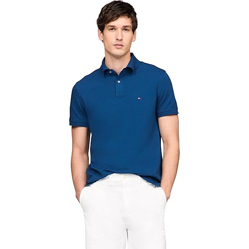 Tommy Hilfiger Men's Short Sleeve Polo Shirts in Slim Fit with Stretch and Organic Pique Cotton