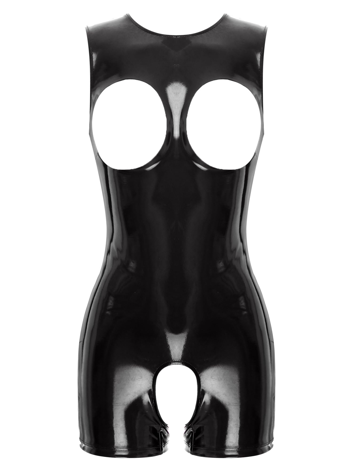 CHICTRYWomen's Leotard Patent Leather Opening Breast Bodysuit Zipper Crotch Catsuit Clubwear Teddy, Black, S