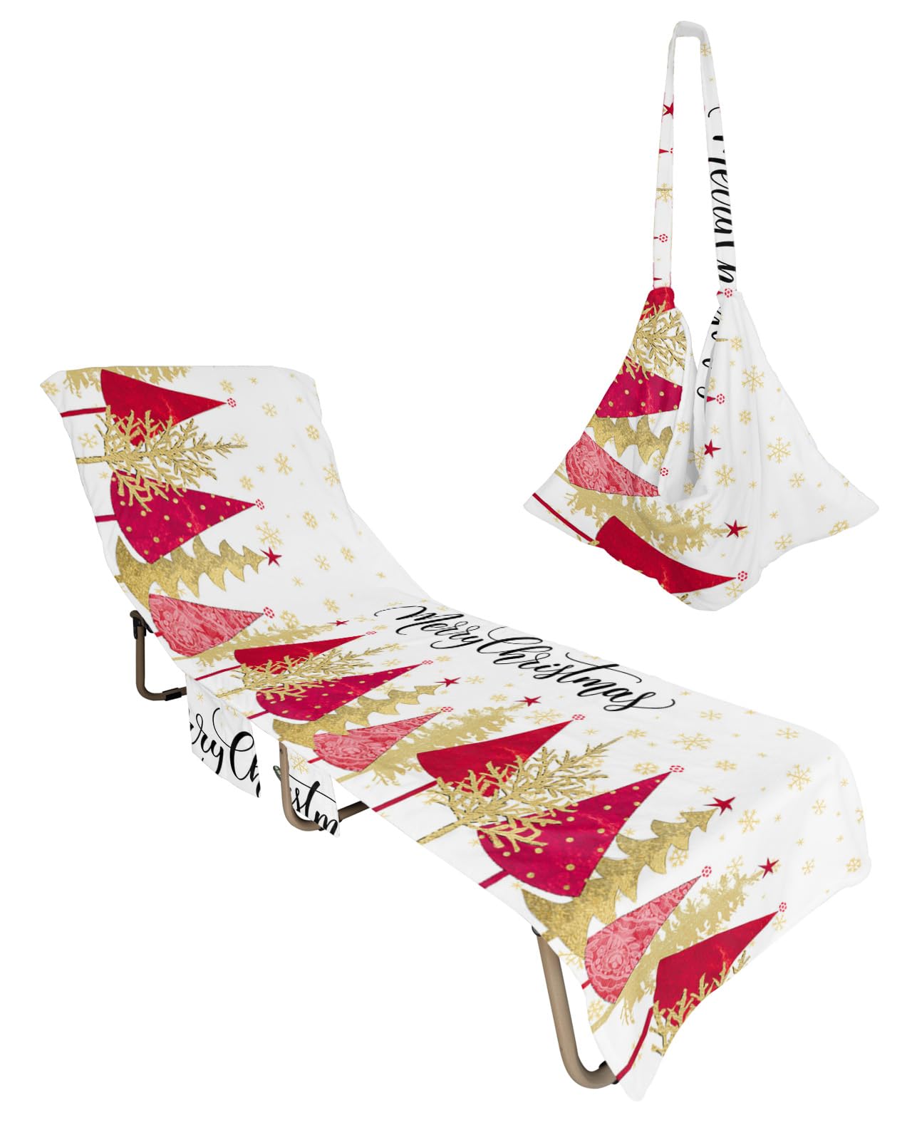Red Yellow Christmas Tree Beach Lounge Chair Towel Cover, Soft Chaise Lounge Towel with Side Pockets Patio Pool Chairs Cover for Beach/Pool Sunbathing 29x85 Xmas Winter Snowflake