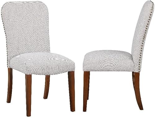 Comfort Pointe Salina Sea Oat - Silla de comedor de tela beige con cabezas de clavo juego de 2
