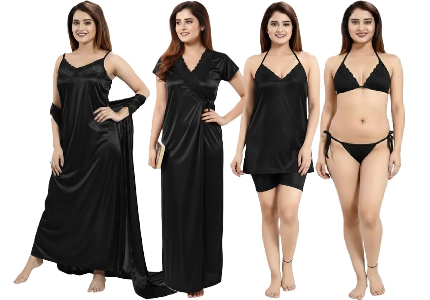 ledelav Women's Satin Nightwear Set, 6 Piece, Nighty with Robe, Bra, Panty, Top and Shorts-picture-44