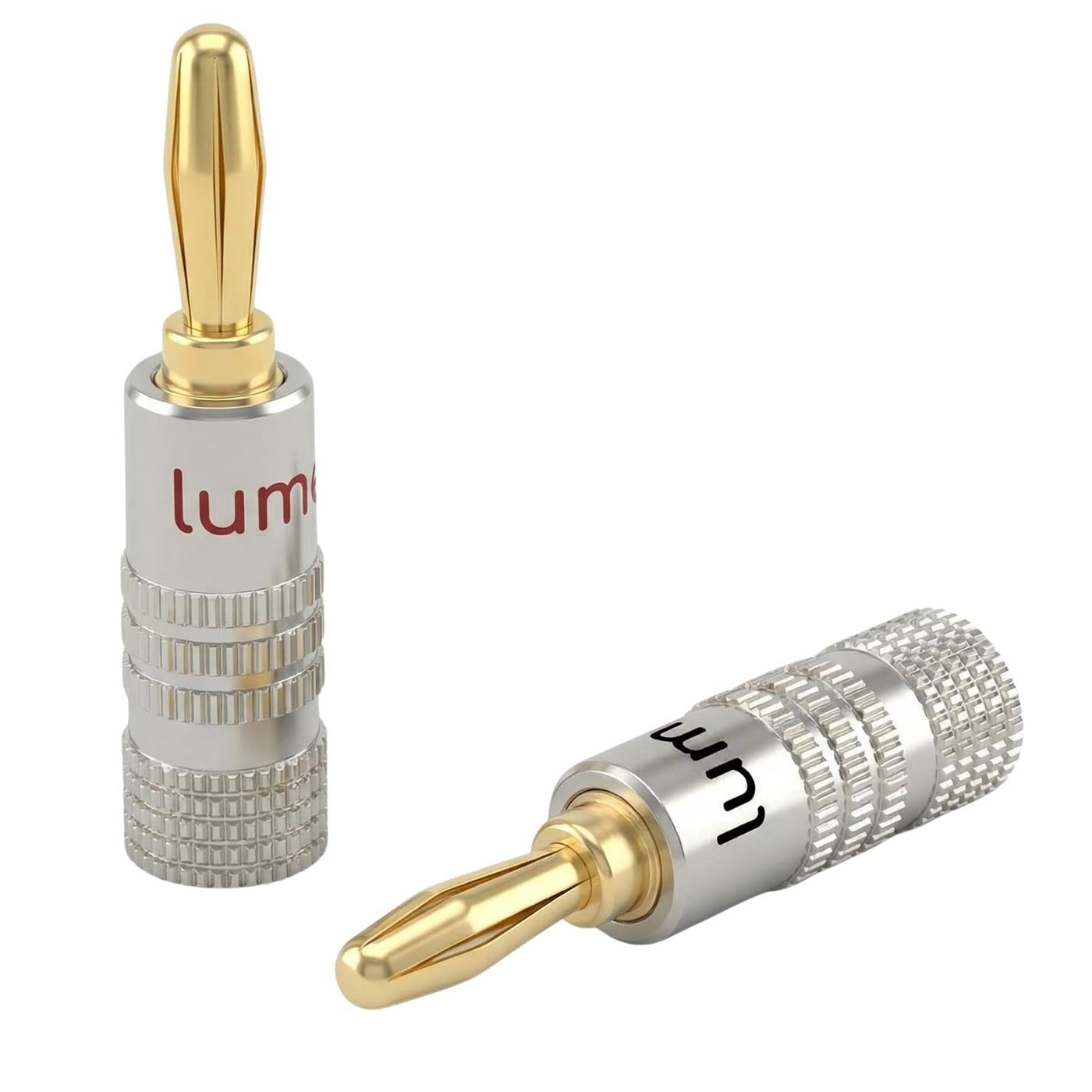 Lumonic Lot de 2 fiches bananes hi-fi argentées | droit, à visser, contacts dorés 4mm | pour 0,75mm²...4,0mm². | Boîtier métallique | pour amplificateurs, haut-parleurs, système surround