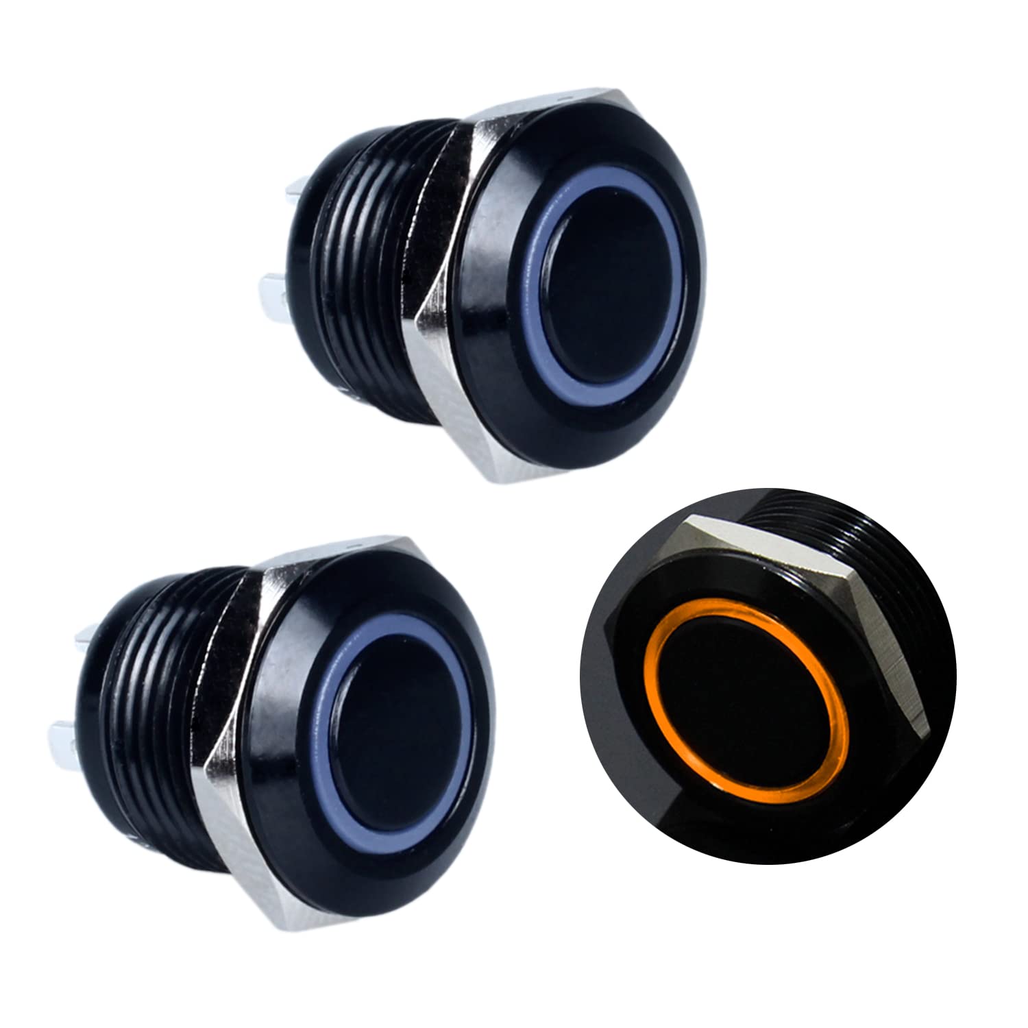 DMWD 2pcs 12mm Super Mini Metal Waterproof Anti-Vandal Momentary Push Button Switch Black Shell 1/2" Mounting Hole 12V-24V ON Off 4Pins 1NO Plug in