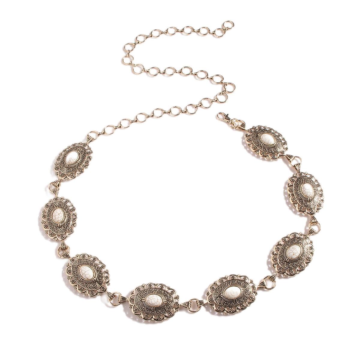Mujer Vestido Cinturón Cadena De Cintura De Metal Turquesa Blanco Grabado Para Mujer De Vestir Vintage