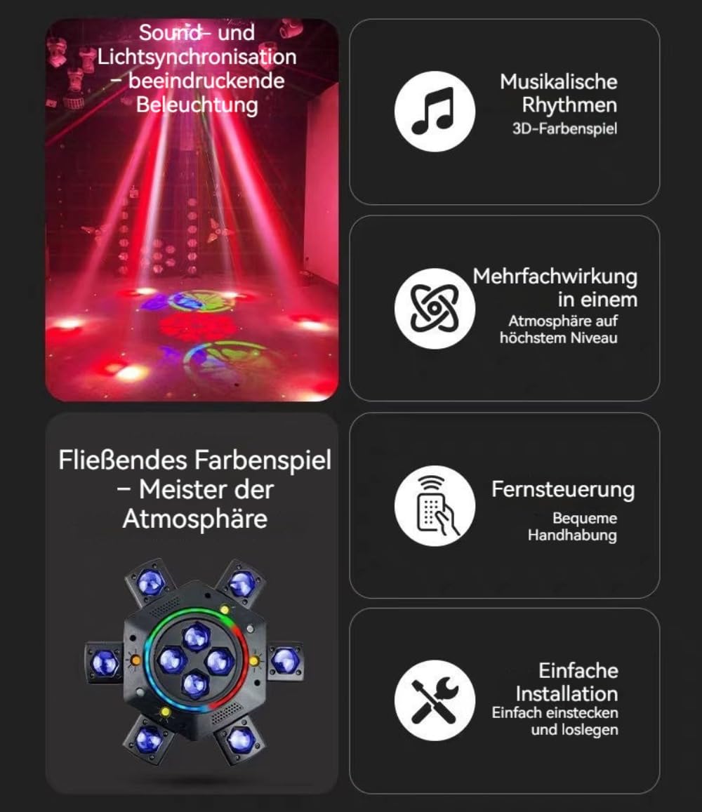 Multi-Beam-LED-Atmosphärenlicht, Moving Head LED DJ Bühnenlicht, 150W 4 Lampenarm RGBW Gobo Beam Discolicht Partylicht mit Fernsteuerung, für DJ Bar Geburtstag Club Hochzeit