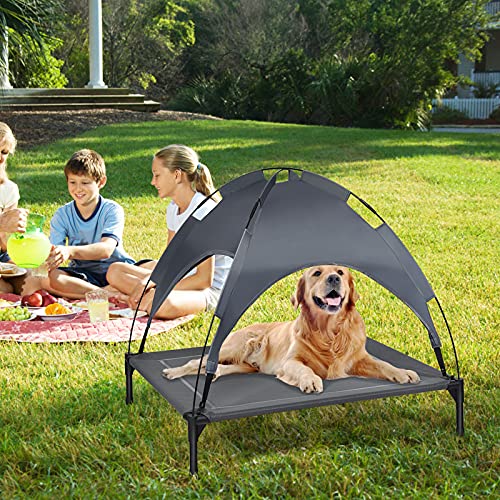 DREAMADE Hundeliege Outdoor mit Dach, Erhöhtes Hundebett Hundeliegeplatz aus Stoff, Haustierbett mit Dach, Schlafplatz für große Hunde bis 40 kg/ 50 kg, Haustierbett für Indoor & Outdoor (XL)