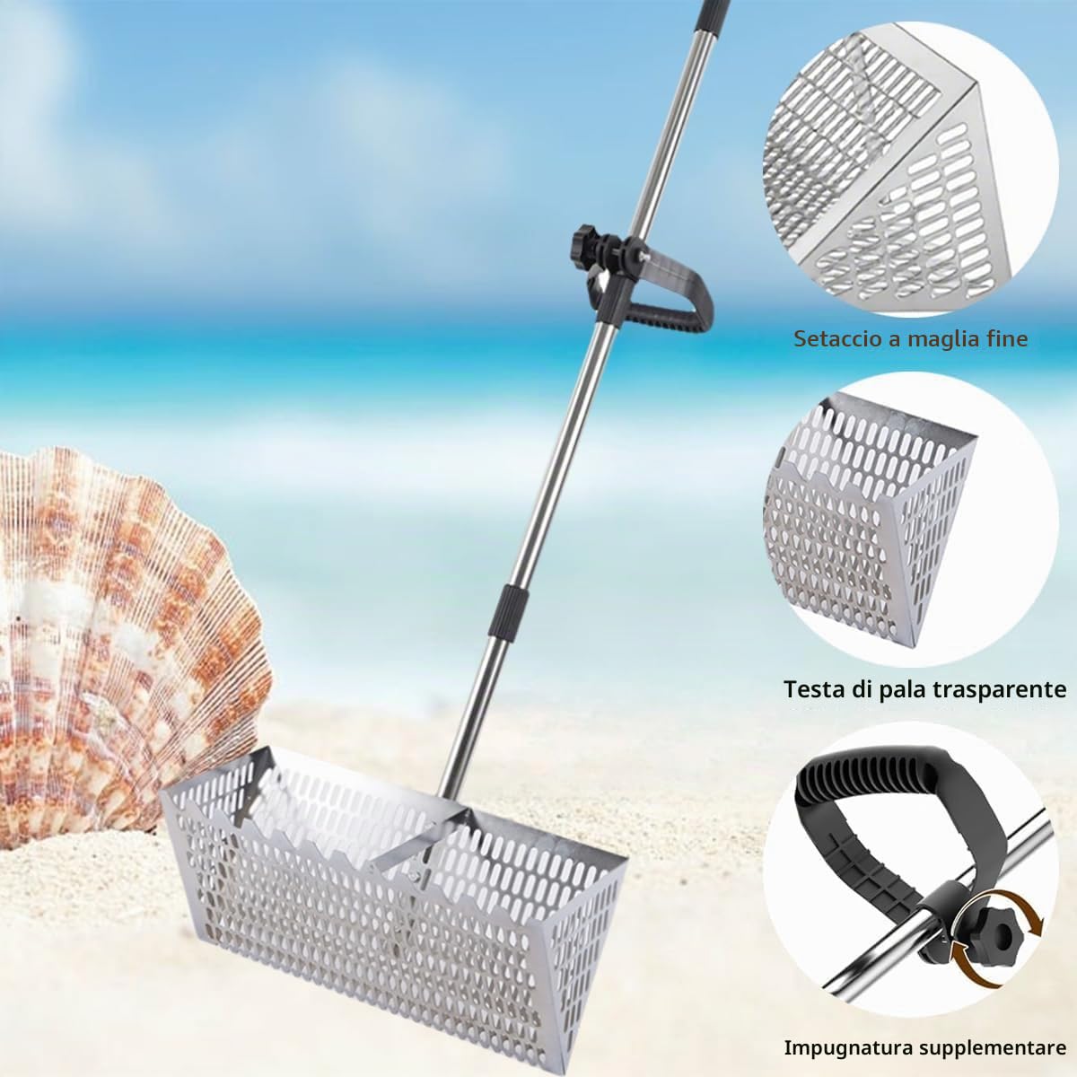 Set di rastrello per pulci, setaccio per sabbia da spiaggia in acciaio inox con cestello largo da 40 cm a denti di squalo, rastrello per sabbia scavato in acciaio al carbonio, rastrelli con manico