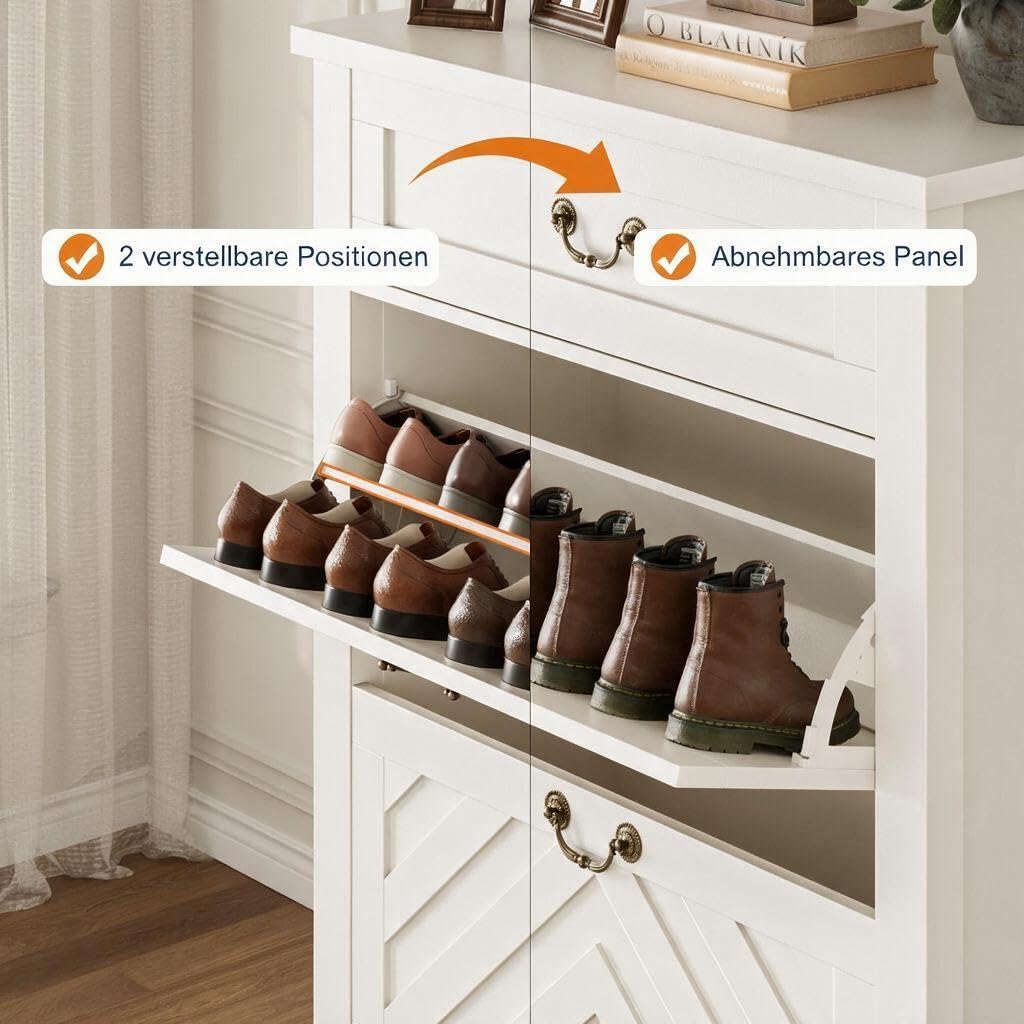 GarveeHome Schuhschrank mit 1 Schublade & 2 Klappen, Schuhregal aus MDF 80 x 27 x 110 cm für Flur & Diele – Schmaler Schuhschrank mit V-förmigen Klappen, Platzsparend, Stabil & Langlebig, Weiß