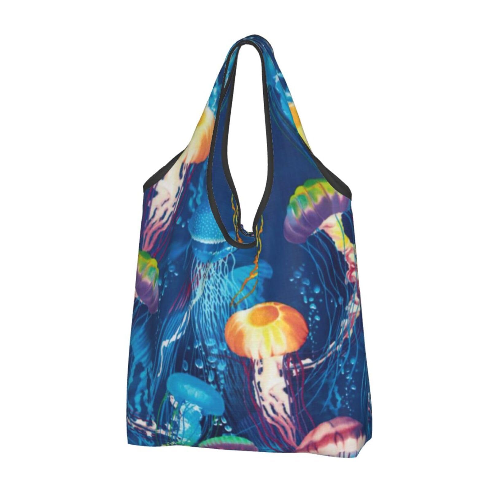 AABSTBFM Colored Jellyfish Printed Foldable Shopping Bag 1 Pcs - Reusable Waterproof Grocery Bag Large Tote Bag, Shopper Handbag, And Beach Bag