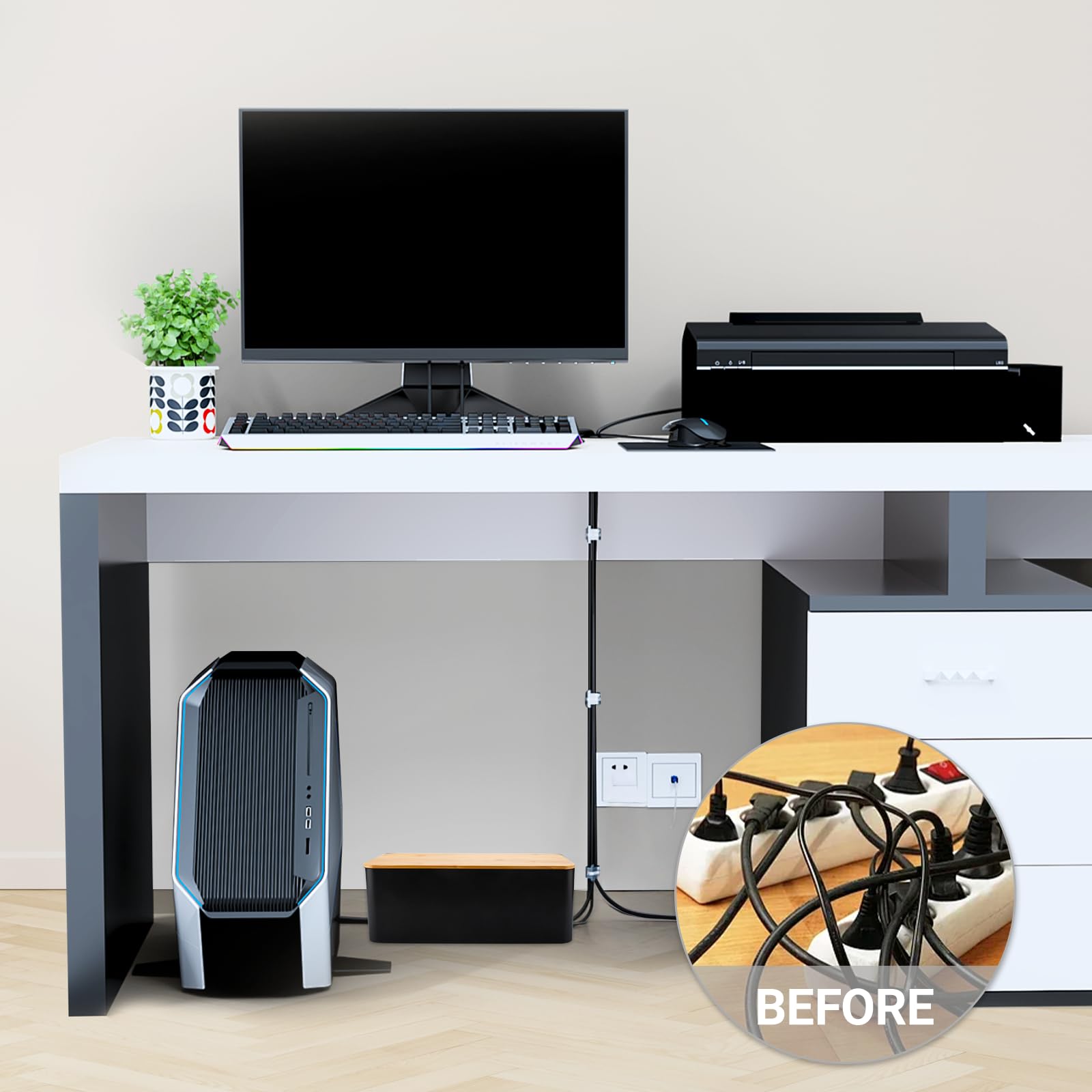 Lot de 2 Boite Rangement Cable, Cable Management, Organisateur de Cable, Boite Cache Cable - Bambou Écologique, Cache Cable & Multiprise pour Bureau et Maison - sans Perçage