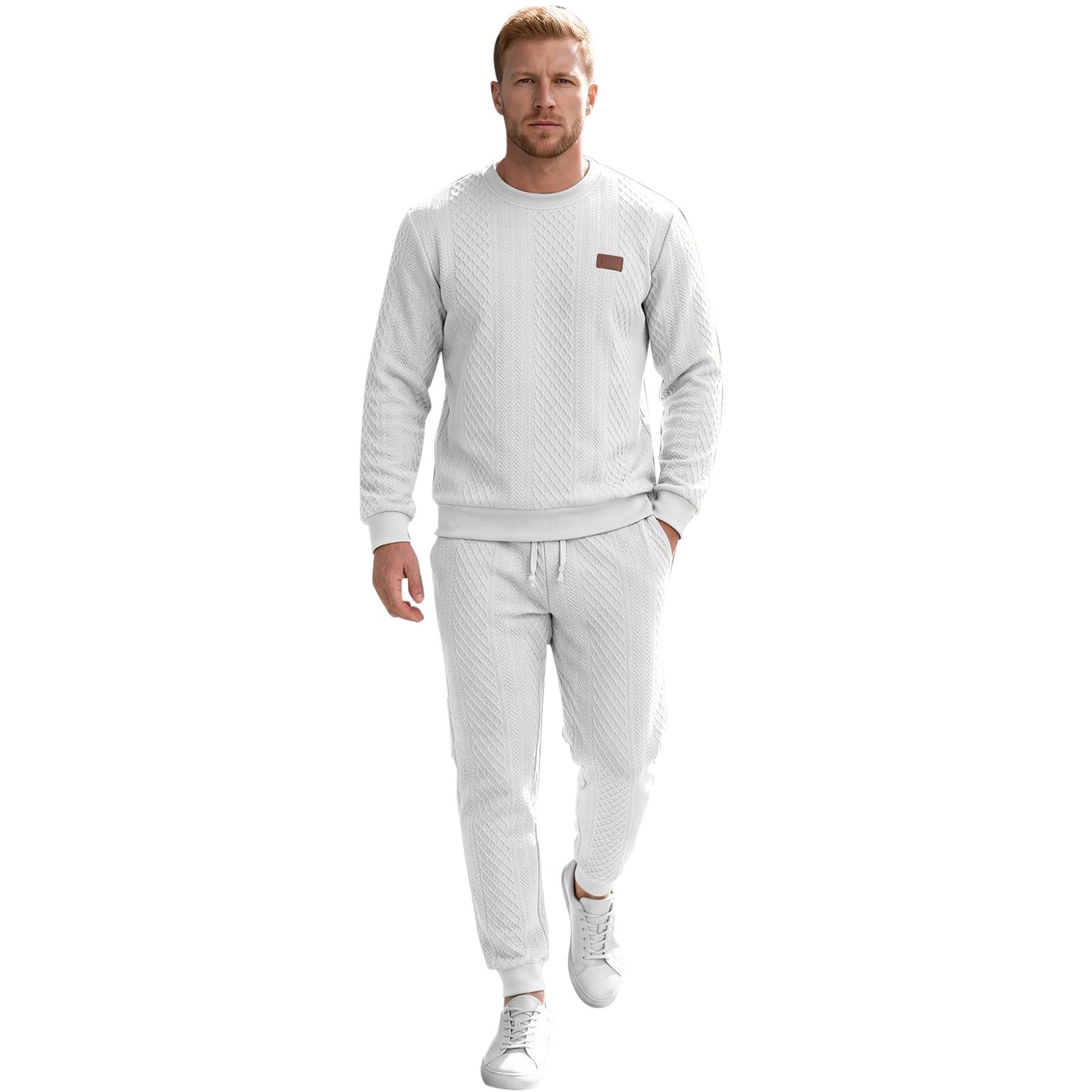 Conjunto de chándal de dos piezas de cuello redondo para hombre | Conjunto completo de sudadera y pantalones deportivos de cintura elástica, estilo casual, texturizados, ajuste holgado